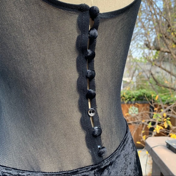 VINTAGE Black Crushed Velvet Sheer Paneled Side Slit Midi Dress size Small - Picture 7 of 11